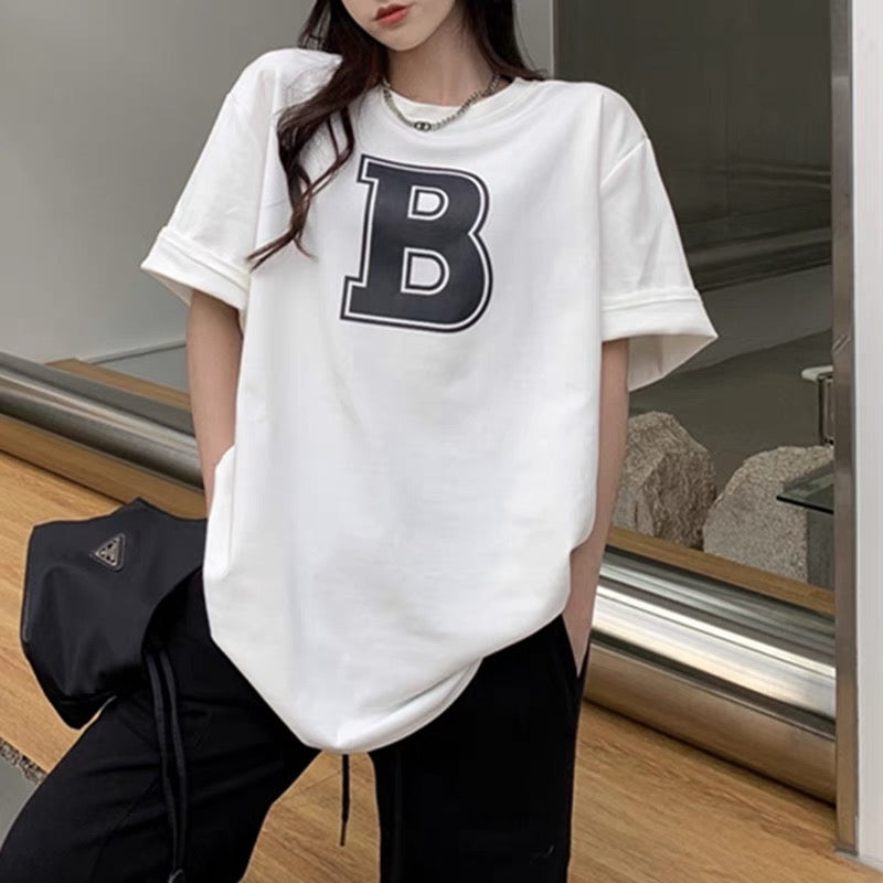 韓国風ファッションシンプルで用途の広い英字Bデザイン半袖Tシャツ